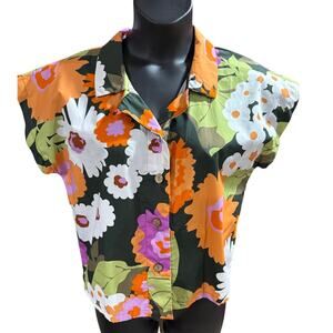 Seven Days Floral Button-Up Top Vibrant Color Size Large Vacation Core